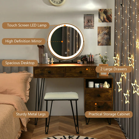 3 Modes Vanity Dressing Table with 3 Color Detachable LED Mirror-Brown