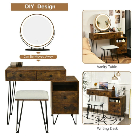 3 Modes Vanity Dressing Table with 3 Color Detachable LED Mirror-Brown