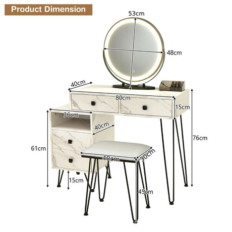 3 Modes Vanity Dressing Table with 3 Color Detachable LED Mirror-White
