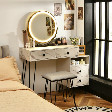 3 Modes Vanity Dressing Table with 3 Color Detachable LED Mirror-White