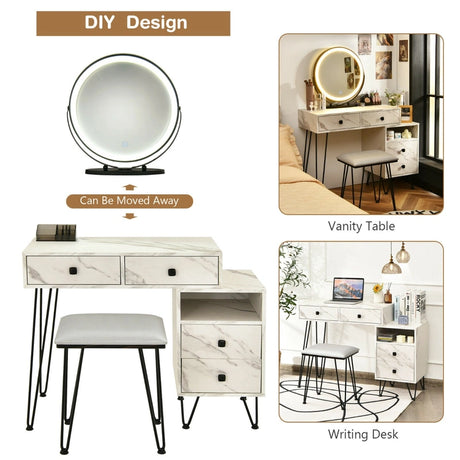 3 Modes Vanity Dressing Table with 3 Color Detachable LED Mirror-White