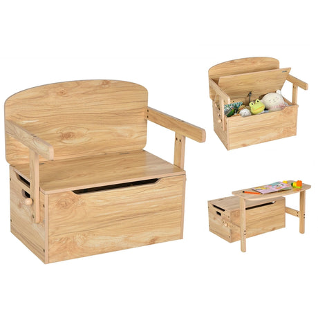 3-in-1 Kids Convertible Activity Bench Table Set with Toy Storage Box-Natural