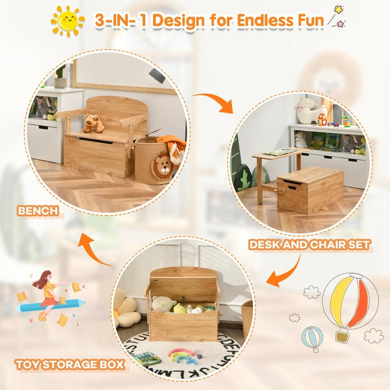 3-in-1 Kids Convertible Activity Bench Table Set with Toy Storage Box-Natural