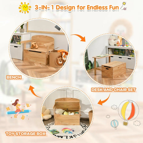3-in-1 Kids Convertible Activity Bench Table Set with Toy Storage Box-Natural