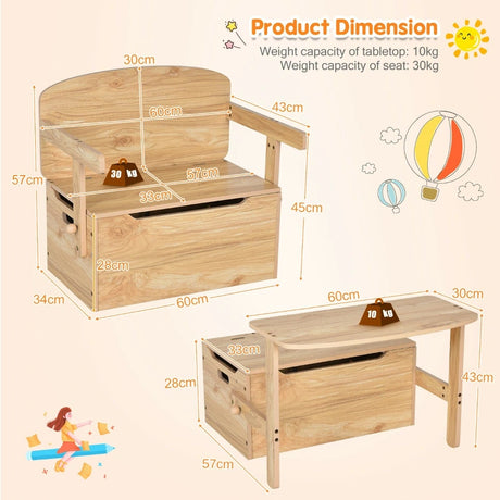 3-in-1 Kids Convertible Activity Bench Table Set with Toy Storage Box-Natural
