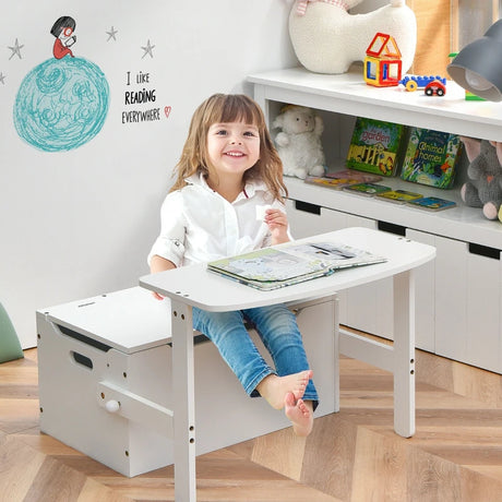 3 in 1 Kids Activity Table Set with Desk &amp; Bench &amp; Storage Box for Kindergarten White