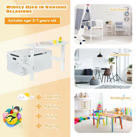 3 in 1 Kids Activity Table Set with Desk &amp; Bench &amp; Storage Box for Kindergarten White