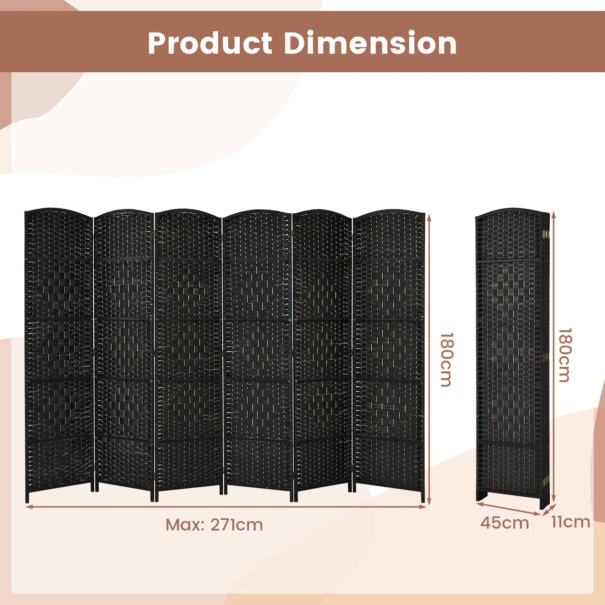 6-Panel Folding Screen Room Divider with Hand-woven Rattan