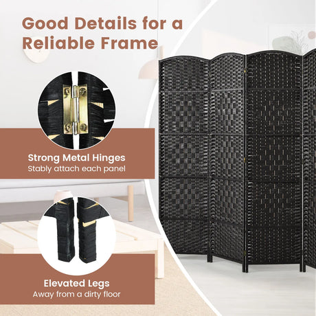 6-Panel Folding Screen Room Divider with Hand-woven Rattan