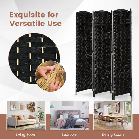 6-Panel Folding Screen Room Divider with Hand-woven Rattan