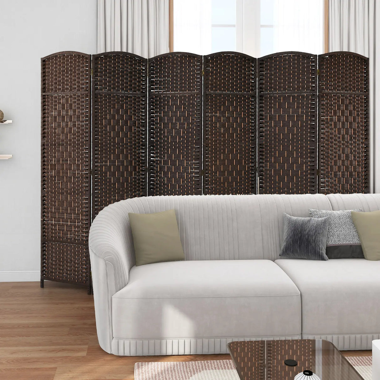 6-Panel Folding Screen Room Divider with Hand-woven Rattan