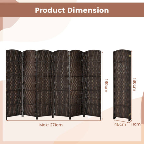 6-Panel Folding Screen Room Divider with Hand-woven Rattan