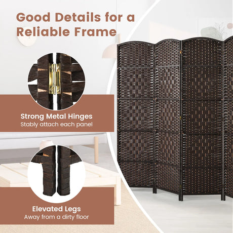 6-Panel Folding Screen Room Divider with Hand-woven Rattan