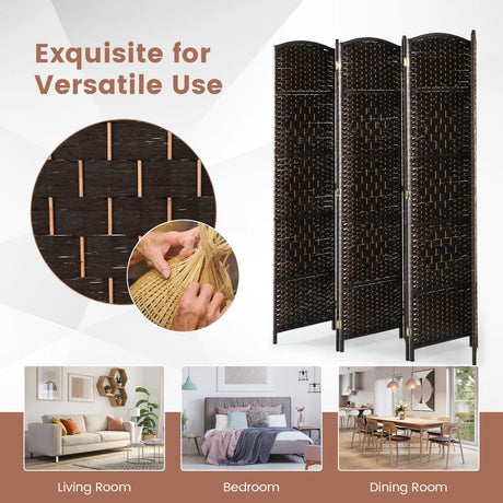 6-Panel Folding Screen Room Divider with Hand-woven Rattan