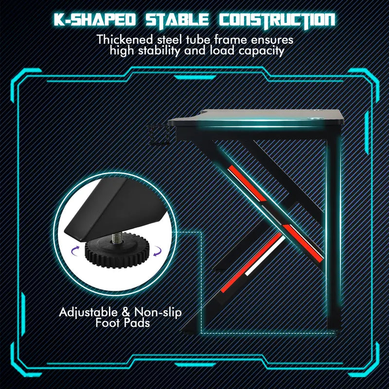 K-Shaped Gaming Desk with Cup Holder and Headphone Hook