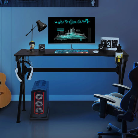 K-Shaped Gaming Desk with Cup Holder and Headphone Hook