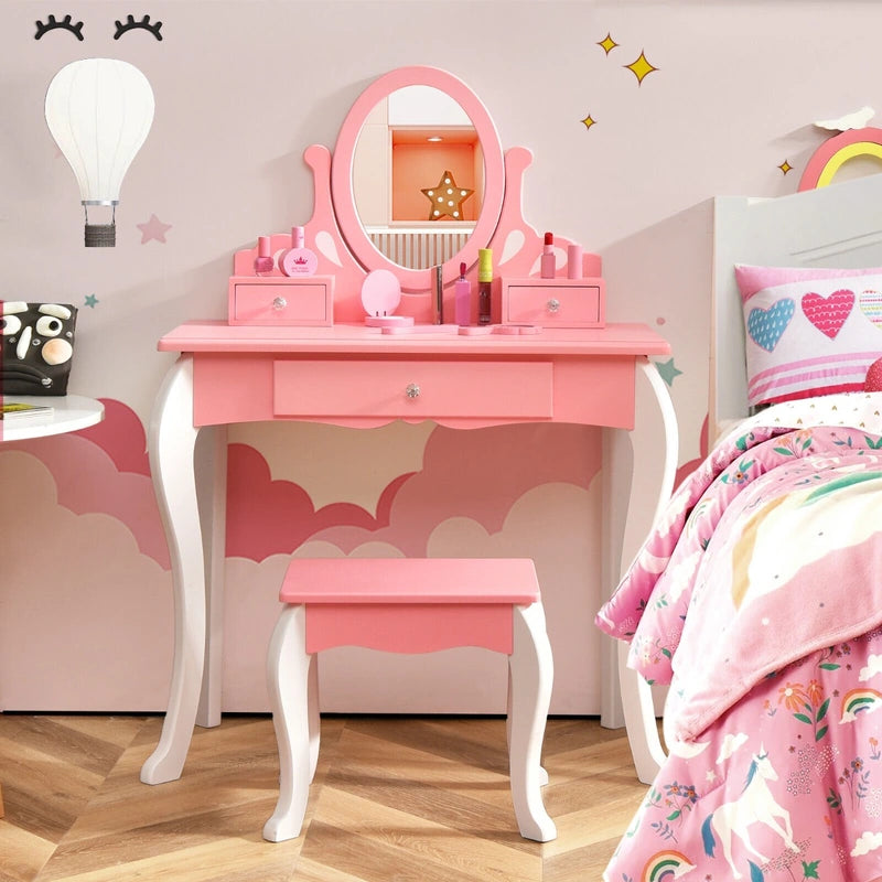 Kids Vanity Table Stool Set with 360 Rotating Mirror and 3 Drawers-Pink