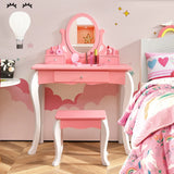 Kids Vanity Table Stool Set with 360 Rotating Mirror and 3 Drawers-Pink