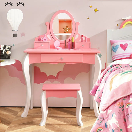 Kids Vanity Table Stool Set with 360 Rotating Mirror and 3 Drawers-Pink