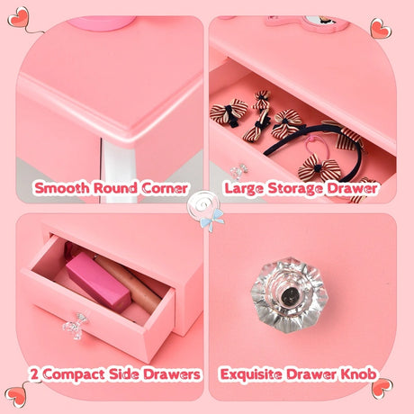 Kids Vanity Table Stool Set with 360 Rotating Mirror and 3 Drawers-Pink