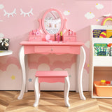 Kids Vanity Table Stool Set with 360 Rotating Mirror and 3 Drawers-Pink