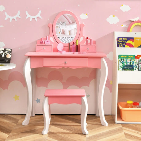 Kids Vanity Table Stool Set with 360 Rotating Mirror and 3 Drawers-Pink