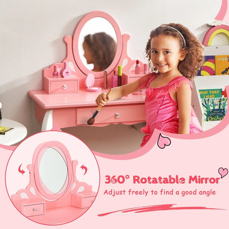 Kids Vanity Table Stool Set with 360 Rotating Mirror and 3 Drawers-Pink
