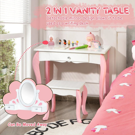 Kids Vanity Table Stool Set with 360 Rotating Mirror and 3 Drawers-White