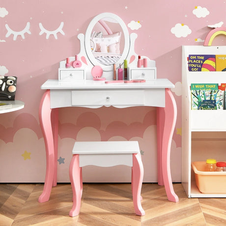 Kids Vanity Table Stool Set with 360 Rotating Mirror and 3 Drawers-White