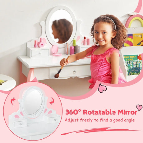 Kids Vanity Table Stool Set with 360 Rotating Mirror and 3 Drawers-White