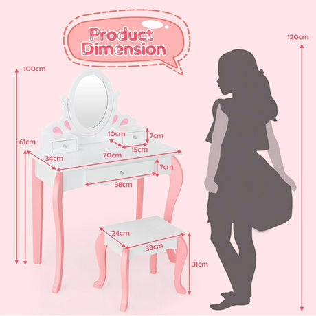 Kids Vanity Table Stool Set with 360 Rotating Mirror and 3 Drawers-White