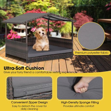 Outdoor Wicker Dog House with Weatherproof Roof-