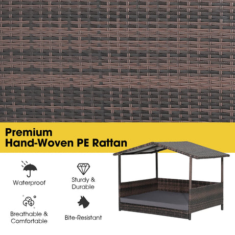 Outdoor Wicker Dog House with Weatherproof Roof-