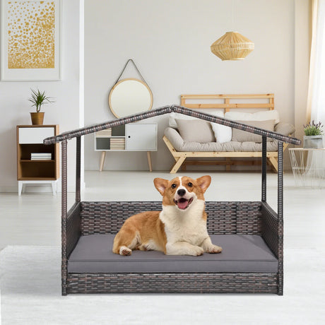 Outdoor Wicker Dog House with Weatherproof Roof-