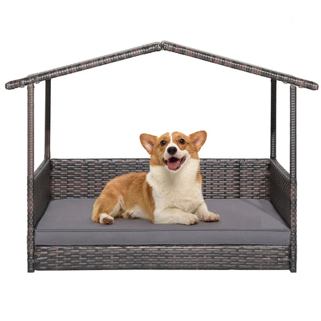 Outdoor Wicker Dog House with Weatherproof Roof-