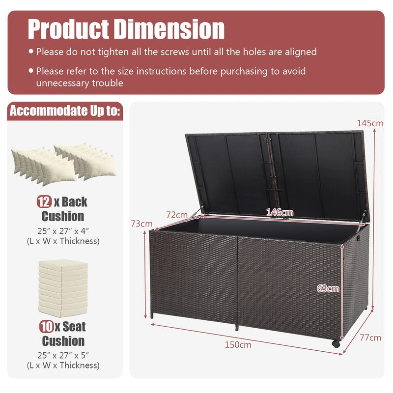 175 Gallon Outdoor Storage Box with Universal Wheels and Zippered Liner