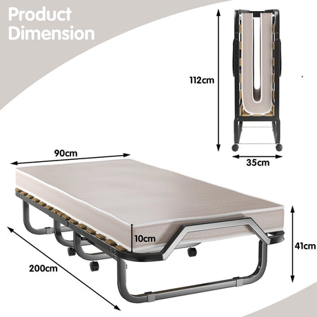 Folding Bed with 10cm Memory Foam Mattress and Wheels