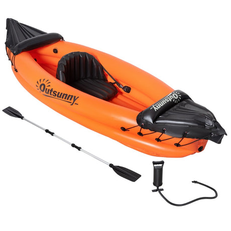 Outsunny Inflatable Kayak, 1-Person Sit-in Inflatable Boat, Inflatable Canoe Set with Detachable Seat, Air Pump, Aluminium Oar, Orange, 270x93x50cm