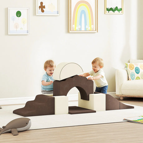 AIYAPLAY 7 Piece Kids Soft Play Set with Detachable Cover, Baby Indoor Climb and Crawl Foam Toy for Toddlers, Preschoolers, Brown