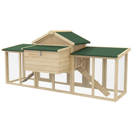 PawHut Large Chicken Coop, Wooden Garden Hen House, Poultry Coops Cages with Run, Nesting Box, Natural Wood Finish