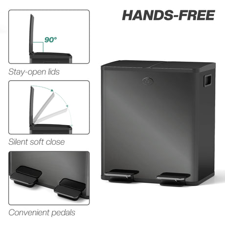 HOMCOM 40L Dual Compartment Stainless Steel Bin, with Deodoriser Holders - Glossy Black