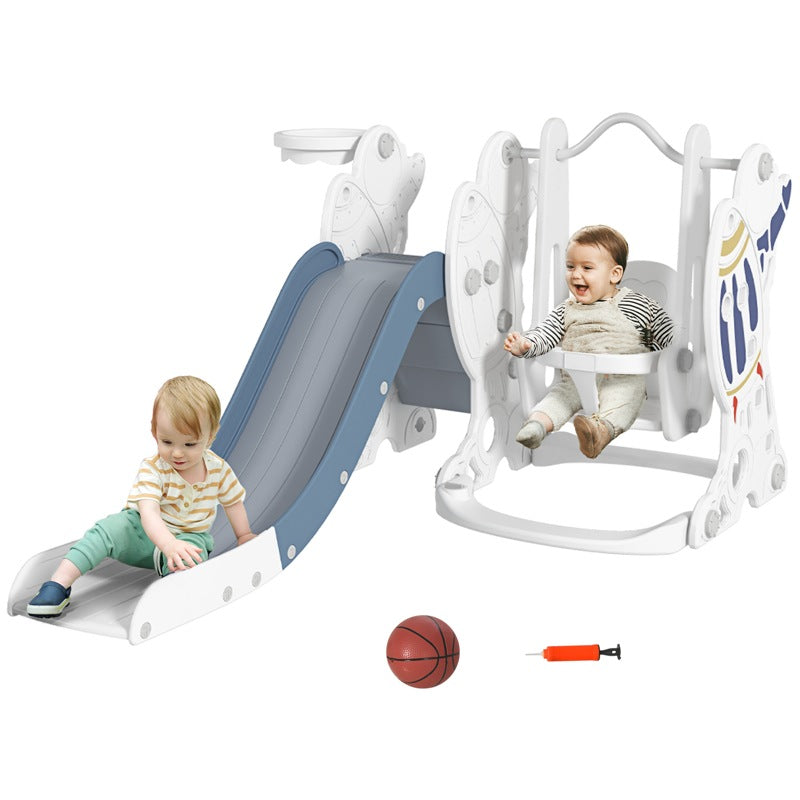 AIYAPLAY Space-Themed Kids Slide and Swing Set, with Basketball Hoop, Blue