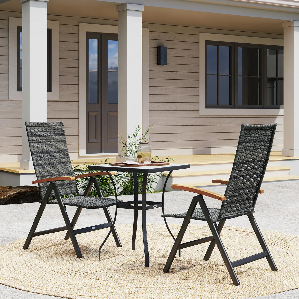 Outsunny 2 Pieces Folding Rattan Garden Dining Chairs with 5-level Reclining High Back, Wood Armrests for Outdoor - Mixed-grey