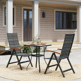 Outsunny 2 Pieces Folding Rattan Garden Dining Chairs with 5-level Reclining High Back, Wood Armrests for Outdoor - Mixed-grey