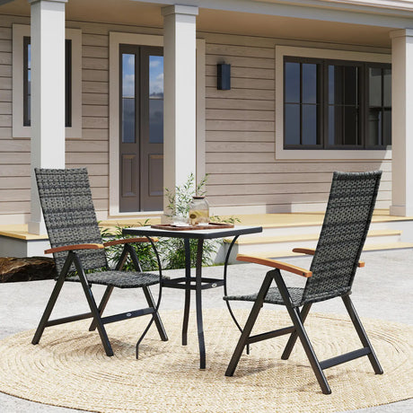 Outsunny 2 Pieces Folding Rattan Garden Dining Chairs with 5-level Reclining High Back, Wood Armrests for Outdoor - Mixed-grey