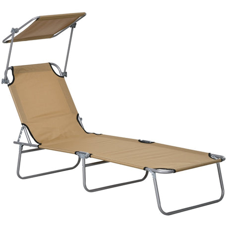 Outsunny Outdoor Foldable Sun Lounger, 4 Level Adjustable Backrest Reclining Sun Lounger Chair with Angle Adjust Sun Shade Awning for Beach, Garden, Patio, Tan