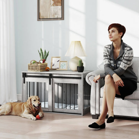 PawHut 98cm Dog Crate Furniture with Removable Cushion for Large Dogs - Grey