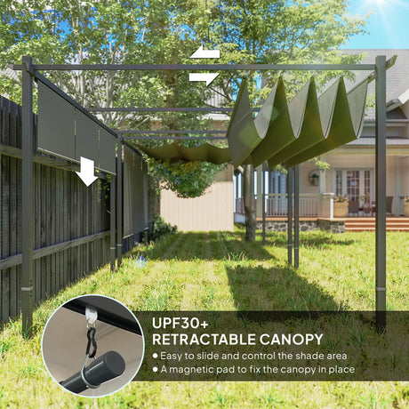 Outsunny 3 x 4m Metal Pergola with Retractable Roof and Roller Shade, Wall-Mounted or Free Standing Garden Gazebo Canopy Pergola Kit, UPF30+ Outdoor Sun Shade Shelter, Grey