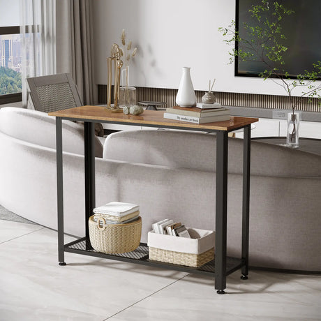 HOMCOM Industrial Console Table14Entryway Table w/Bottom Mesh Shelf Metal Frame Vintage Sofa Table for Hallway, Living Room, Rustic Brown