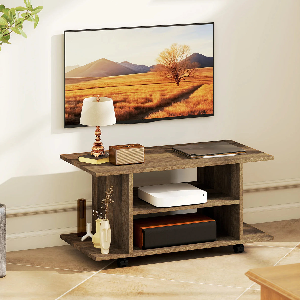 HOMCOM Modern TV Cabinet Stand Storage Shelves Table Mobile Bedroom Furniture Bookshelf Bookcase Walnut